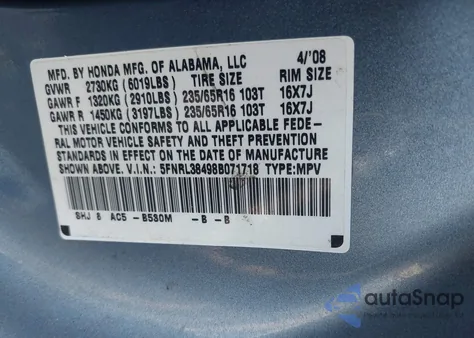 2008 Honda Odyssey Ex из США, поврежденный, VIN 5FNRL38498B071718